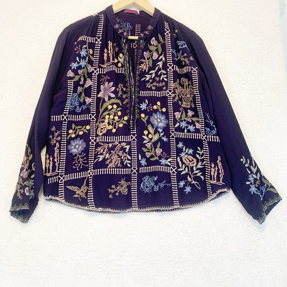 Johnny Was Mabel Blouse Boho Chic Embroidered XS Luxury Purple Cottage